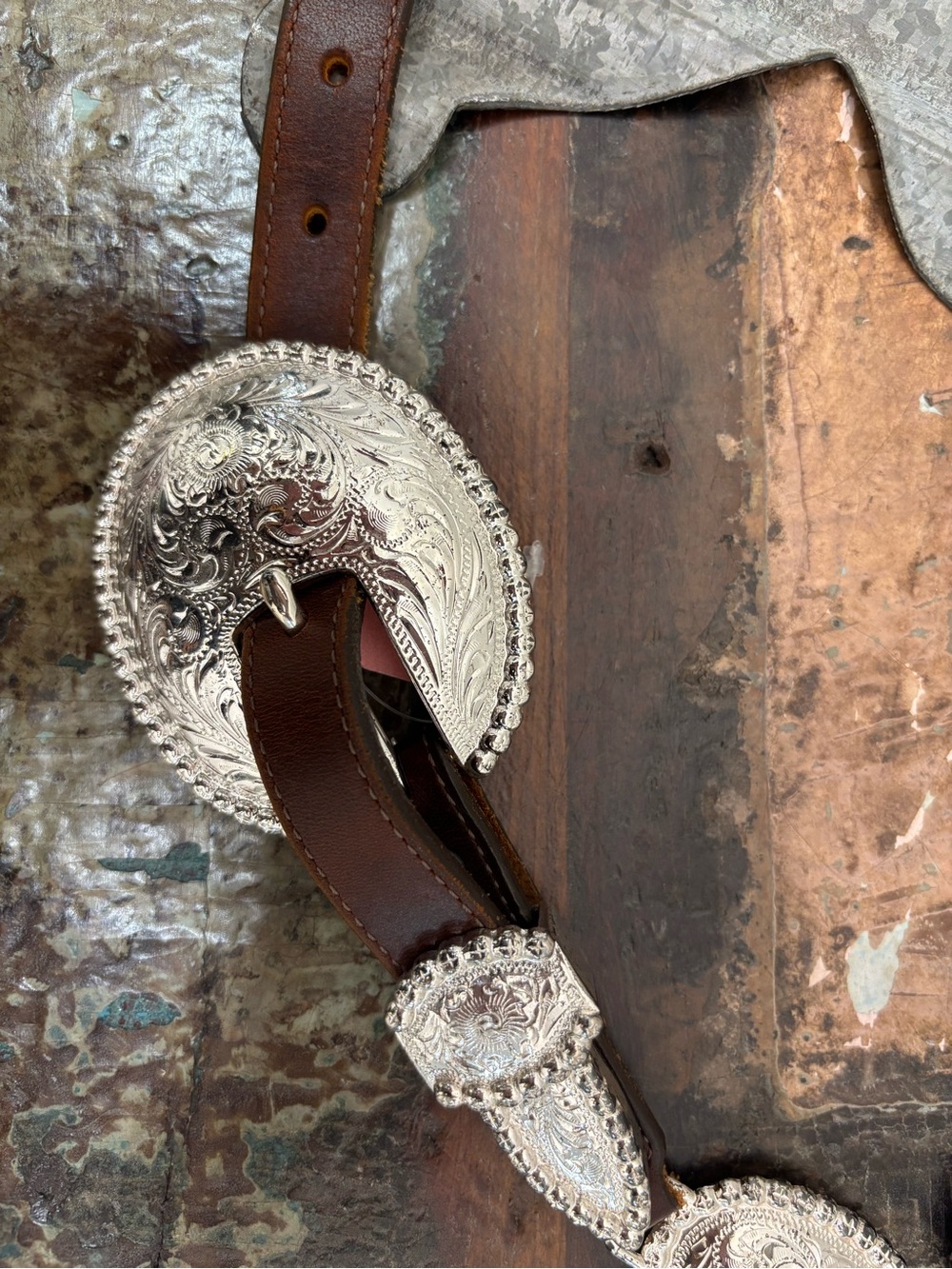 Tony Lama Brown Leather Belt with Silver Engraved Conchos - Picture 2 of 7